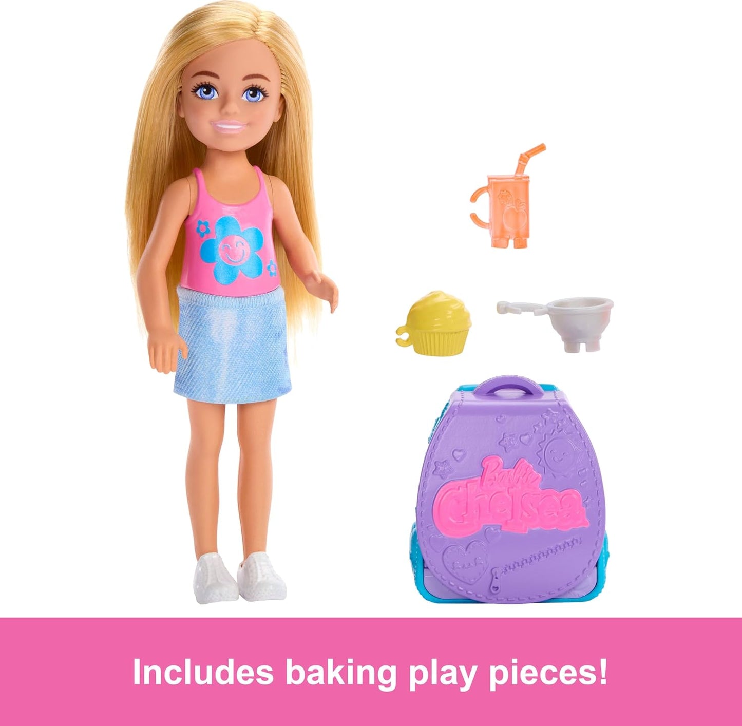 Barbie Mochila para assar cupcakes, boneca loira Chelsea, família e amigos, mochila vestível com peças de confeitaria, JBF46