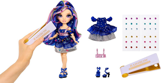 Rainbow High Be Dazzling - Genevieve Bleue - Boneca Fashion Azul de 28cm com Ferramenta para Aplicar Brilho, Gemas Brilhantes e Acessórios de Estilo