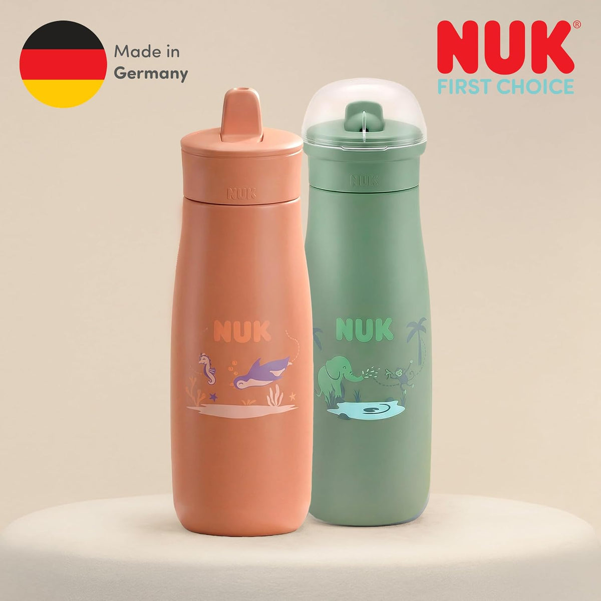 NUK Garrafa de Água First Choice com Canudo Retrátil | 24+ Meses | 450 ml | Canudo Resistente a Mordidas | Garrafa Antivazamento | Elefante Verde | 1 Unidade