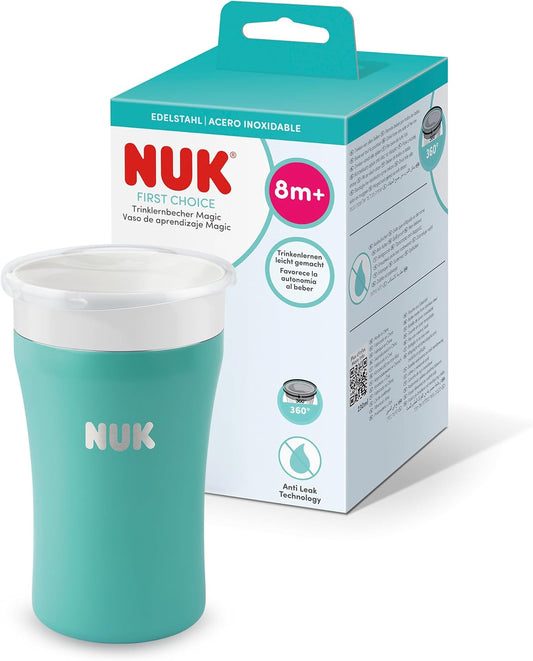 NUK Copo de Treinamento Magic Cup em Aço Inoxidável | 8+ meses | 230 ml | Borda 360° Antivazamento | Copo para Crianças Pequenas | Verde-azulado | 1 unidade