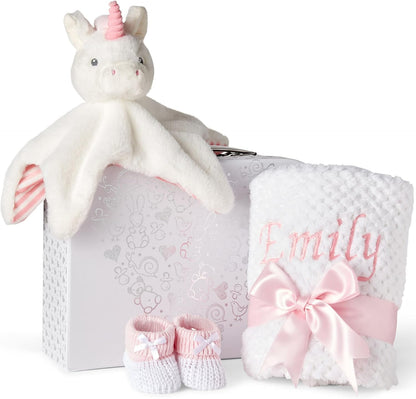 Presentes personalizados para bebês - Cesta para recém-nascidos em caixa de lembranças branca, inclui edredom de zebra para bebês, caixa de bebê, conjunto de presentes para recém-nascidos - 3 itens essenciais para bebês