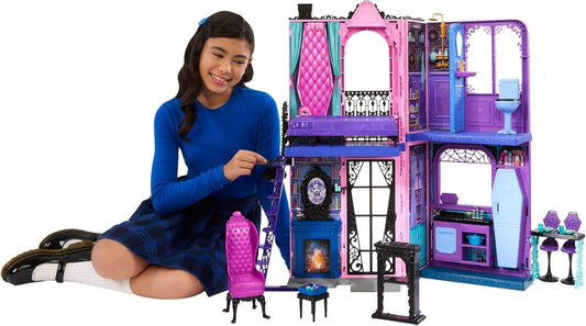 Monster High Casa de bonecas Boo-tique Hotel, conjunto dobrável com surpresas assustadoras em todos os cômodos e mais de 13 peças, incluindo móveis e acessórios, JBF16