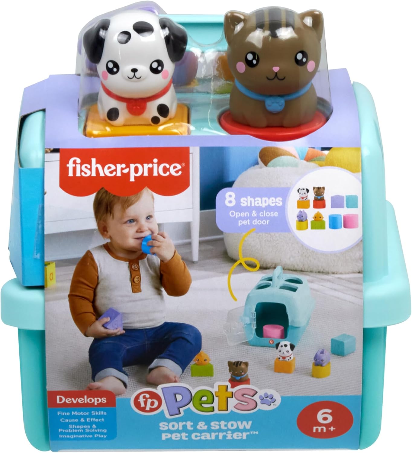 Brinquedo Fisher-Price Baby para Classificação de Formas, Caixa de Transporte e Classificação de Animais FP Pets com Atividades de Coordenação Motora Fina para Bebês a partir de 6 Meses HTW93, Cor Pastel