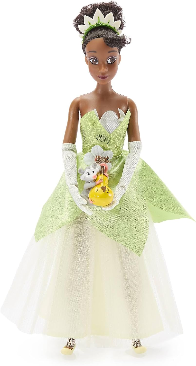 Disney Boneca Clássica Oficial da Tiana  para Crianças – A Princesa e o Sapo, 28 cm (11 pol.) – Boneca Totalmente Articulada com Vestido Icônico Inspirado em Lírio e Amigo da Personagem – Indicada para Maiores de 3 Anos