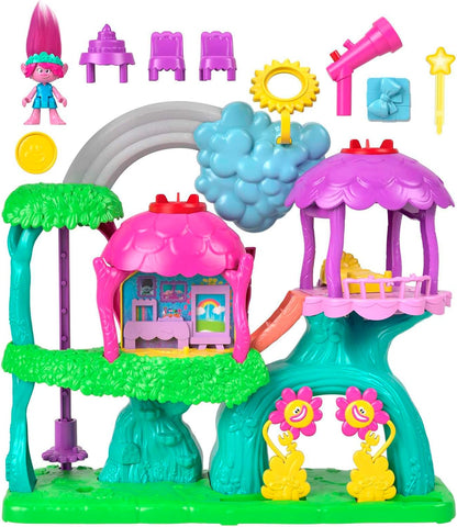 Imaginext DreamWorks Trolls Conjunto de brinquedos musicais , luzes e sons Rainbow Treehouse com figura de papoula e 7 peças de brincar para crianças em idade pré-escolar