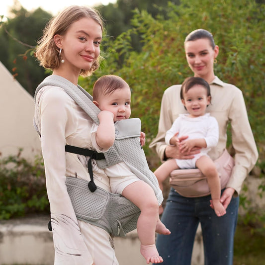 Momcozy Canguru com assento de quadril, 2 em 1 para carregar o bebê de frente para a rua, canguru destacável para uso com as mãos livres até 20 kg, canguru respirável para bebês com cintura de até 120 cm, cinza AirMesh