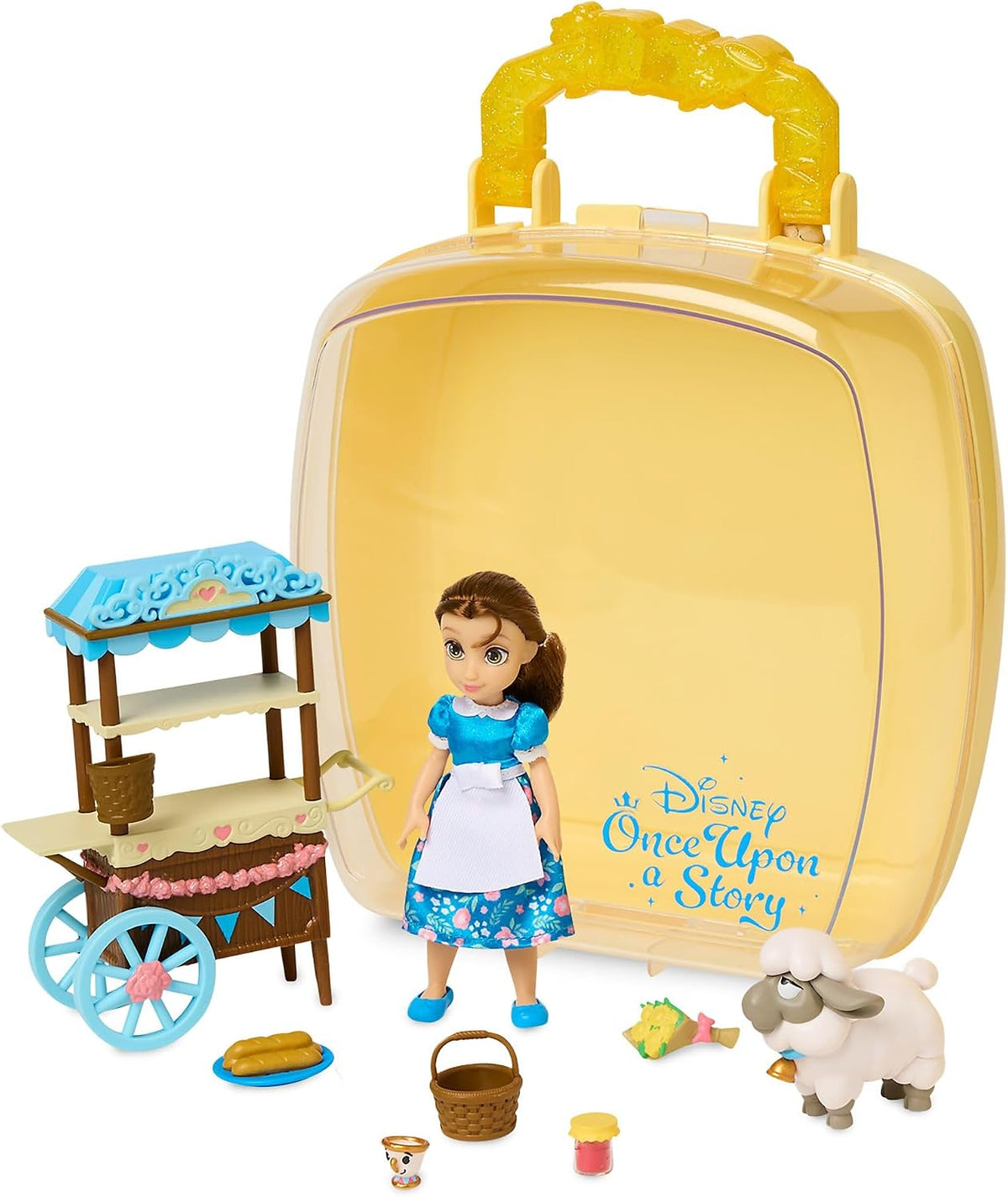Disney Store Conjunto de Mini Boneca Bela –  Oficial, A Bela e a Fera, 9 peças, kit de figuras com acessórios, incluindo carrinho de comida, Zip e ovelha – Indicado para maiores de 3 anos