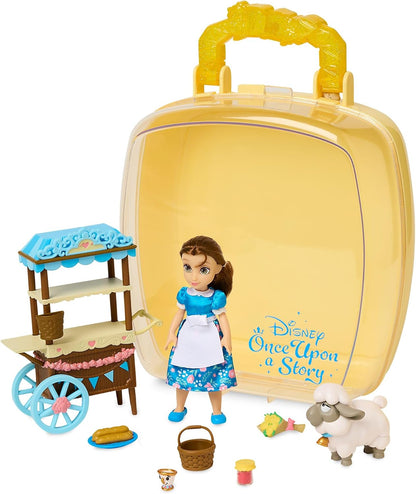 Disney Store Conjunto de Mini Boneca Bela –  Oficial, A Bela e a Fera, 9 peças, kit de figuras com acessórios, incluindo carrinho de comida, Zip e ovelha – Indicado para maiores de 3 anos