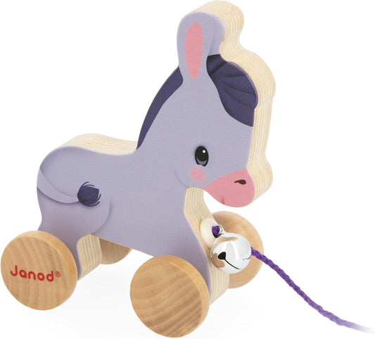 Janod - Burrinho de madeira com sininho - Brinquedo de puxar e empurrar - Treinamento de habilidades motoras e imaginação - Corda de 50 cm adequada para mãos pequenas - Certificado FSC - A partir de 12 meses, J03323