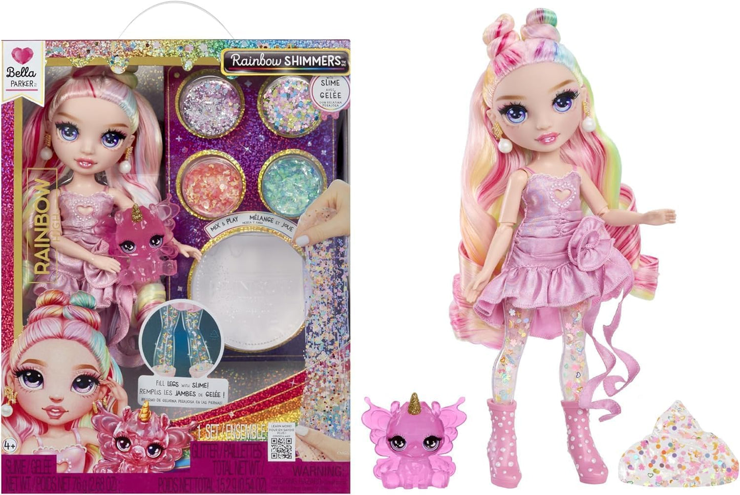 Rainbow High Rainbow Shimmers com Slime - Bella, Rosa - Boneca Fashion de 28cm, Acompanha Kit de Slime e uma Lhama de Estimação, Indicada para Crianças a partir de 4 Anos