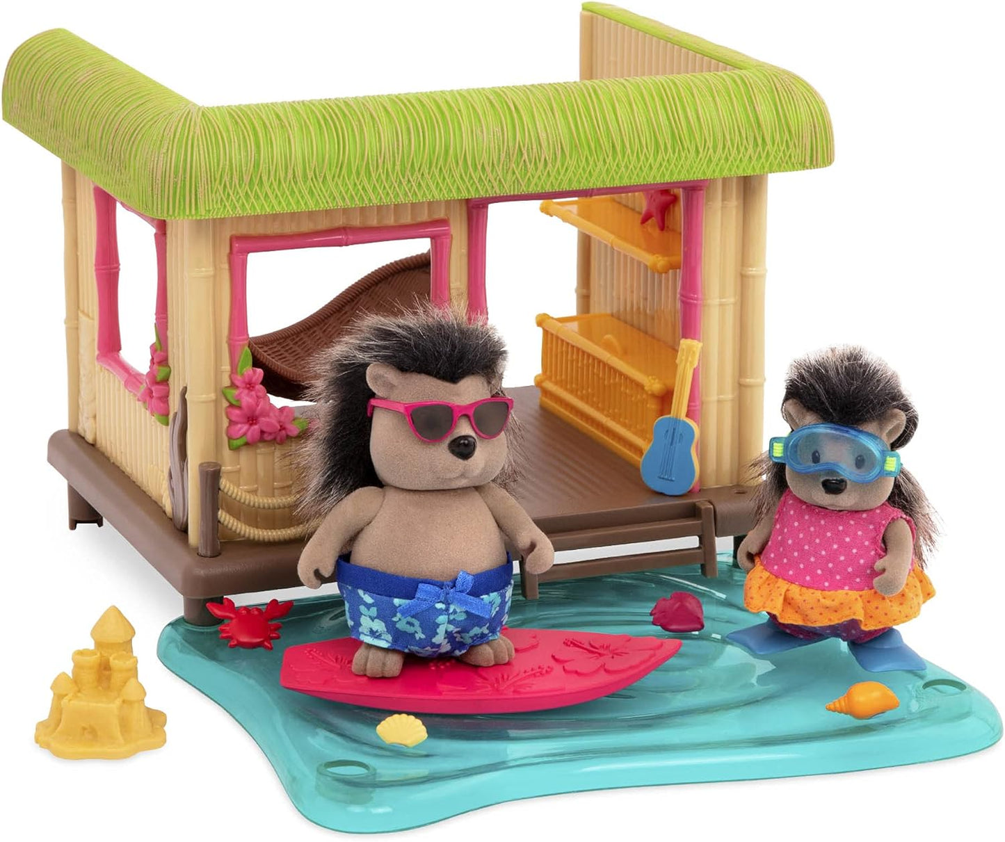 Li'l Woodzeez Conjunto de jogos de praia - Sunshine Tiki Hut - Conjunto de brinquedos de 15 peças - Brinquedos de família para crianças a partir de 3 anos