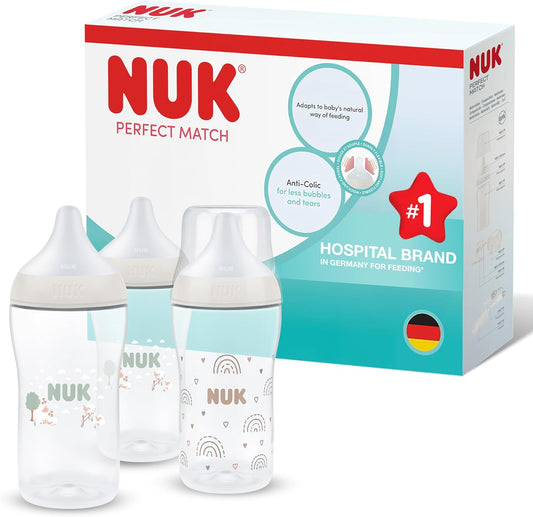 NUK Mamadeira Perfect Match | 3+ meses | 260 ml | Mamadeira anticólica | Polipropileno (PP) | Indicador de controle de temperatura | Ovelha | 3 unidades