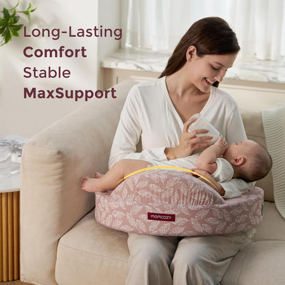 Momcozy Almofada de amamentação em espuma viscoelástica, ergonômica, com proteção lateral, amplo suporte, alça ajustável e capa de algodão removível, rosa.