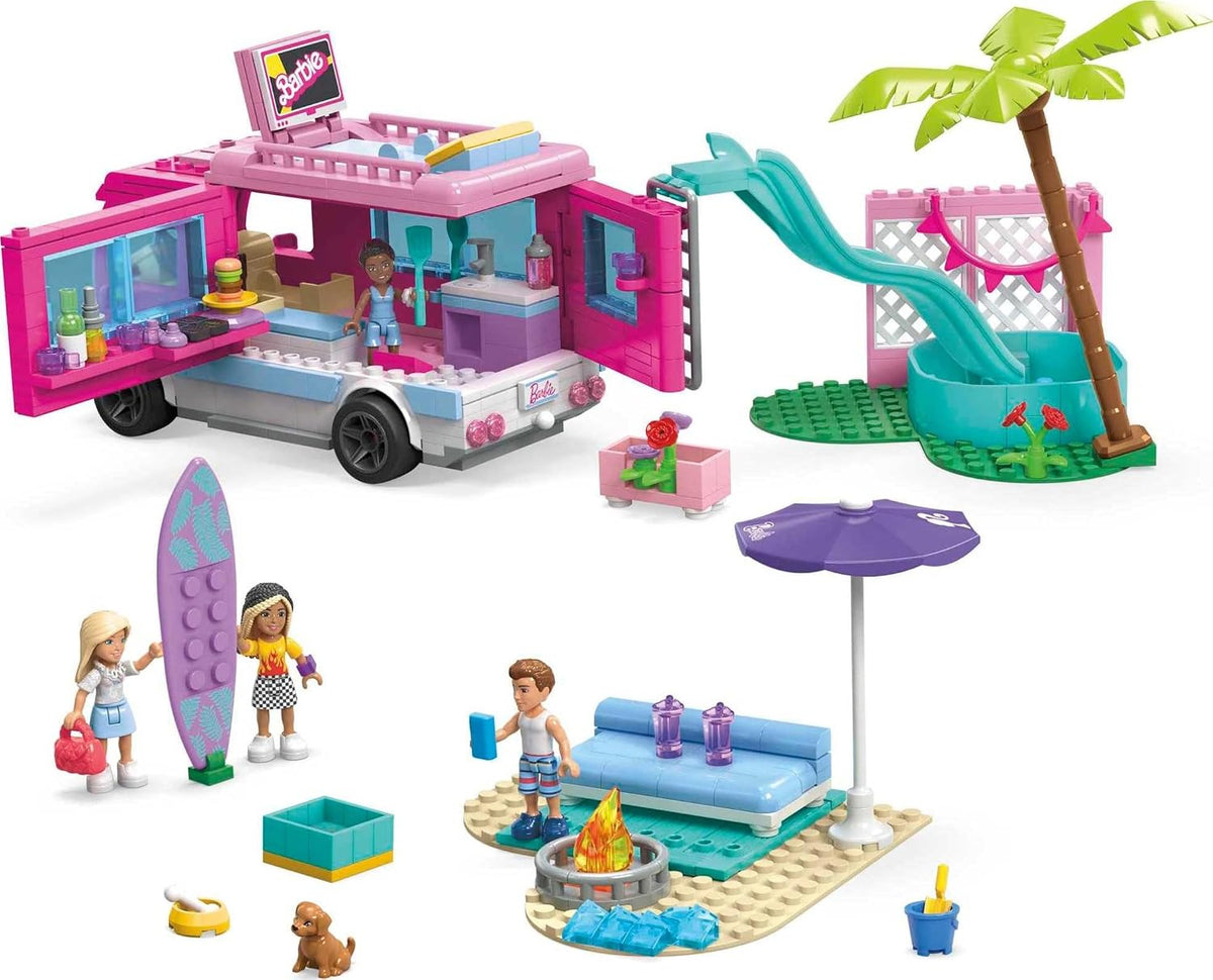 MEGA Conjunto de Construção Construx Barbie – Aventura no Trailer dos Sonhos, com 580 peças, 4 micrombonecas, pets da Barbie e acessórios, Rosa, para crianças a partir de 6 anos, HPN80