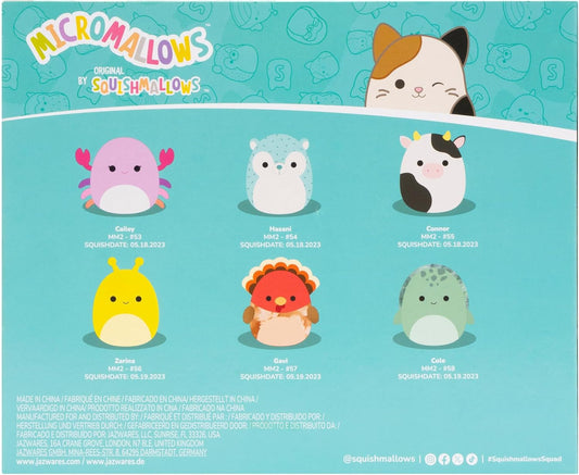 Micromallows Squishmallows Original 6-Pack - Cailey Crab, Cole Turtle, Connor Cow, Gavi Turkey, Hasani Hedgehog, Zarina Banana Slug