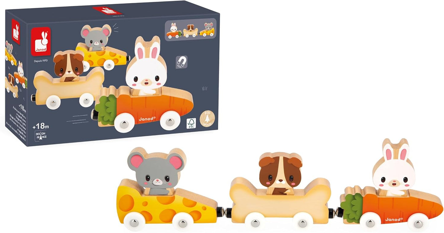 Janod - Mascotas Magnéticas - Juguete de Aprendizaje Temprano - 3 Vehículos + 3 Animales de Madera - Desarrolla la Destreza - Juego de Madera FSC - 18 Meses +,