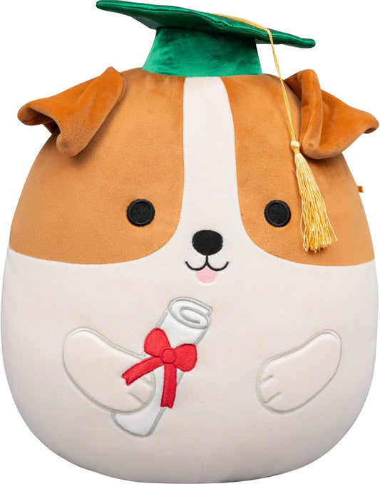 Squishmallows Original de 12 Polegadas – Brenden, o Jack Russell Terrier com Chapéu de Formatura – Pelúcia Oficial Jazwares (Tamanho Médio)