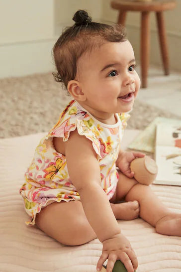 |BabyGirl| Macacão De Bebê Em Jersey Com Estampa Tropical Rosa/Amarelo