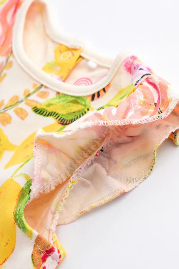 |BabyGirl| Macacão De Bebê Em Jersey Com Estampa Tropical Rosa/Amarelo