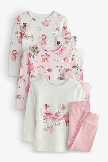 |Girl| Pacote De 3 Pijamas Com Estampa De Fada Rosa/Branco (9 meses a 12 anos)
