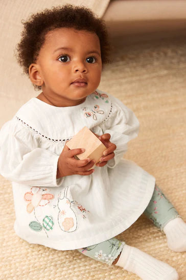 |BabyGirl| Conjunto De 2 Peças De Blusa e Leggings De Tecido Para Bebê - Ecru White Floral Bunny