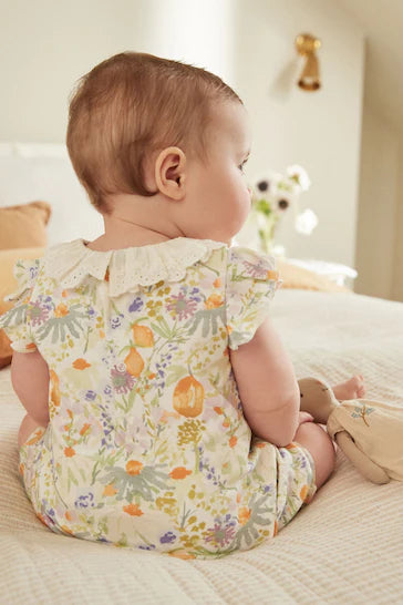 |BabyGirl| Macacão De Jérsei Floral Com Gola Azul/Amarelo Para Bebê