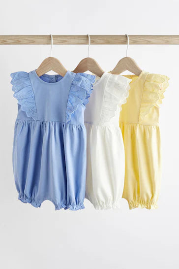 |BabyGirl| Macaquinho Para Bebê Pacote Com 3 - Bordado Azul/Amarelo