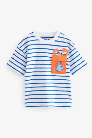 |Boy| Camiseta De Manga Curta Com Bolso - Azul/Branco (3 meses - 7 anos)
