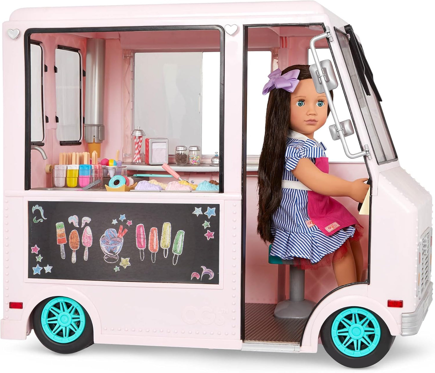 Camião de gelados Sweet Stop da Our Generation (rosa) – Conjunto de carrinha de gelados para bonecas de 45 cm – Inclui 129 acessórios
