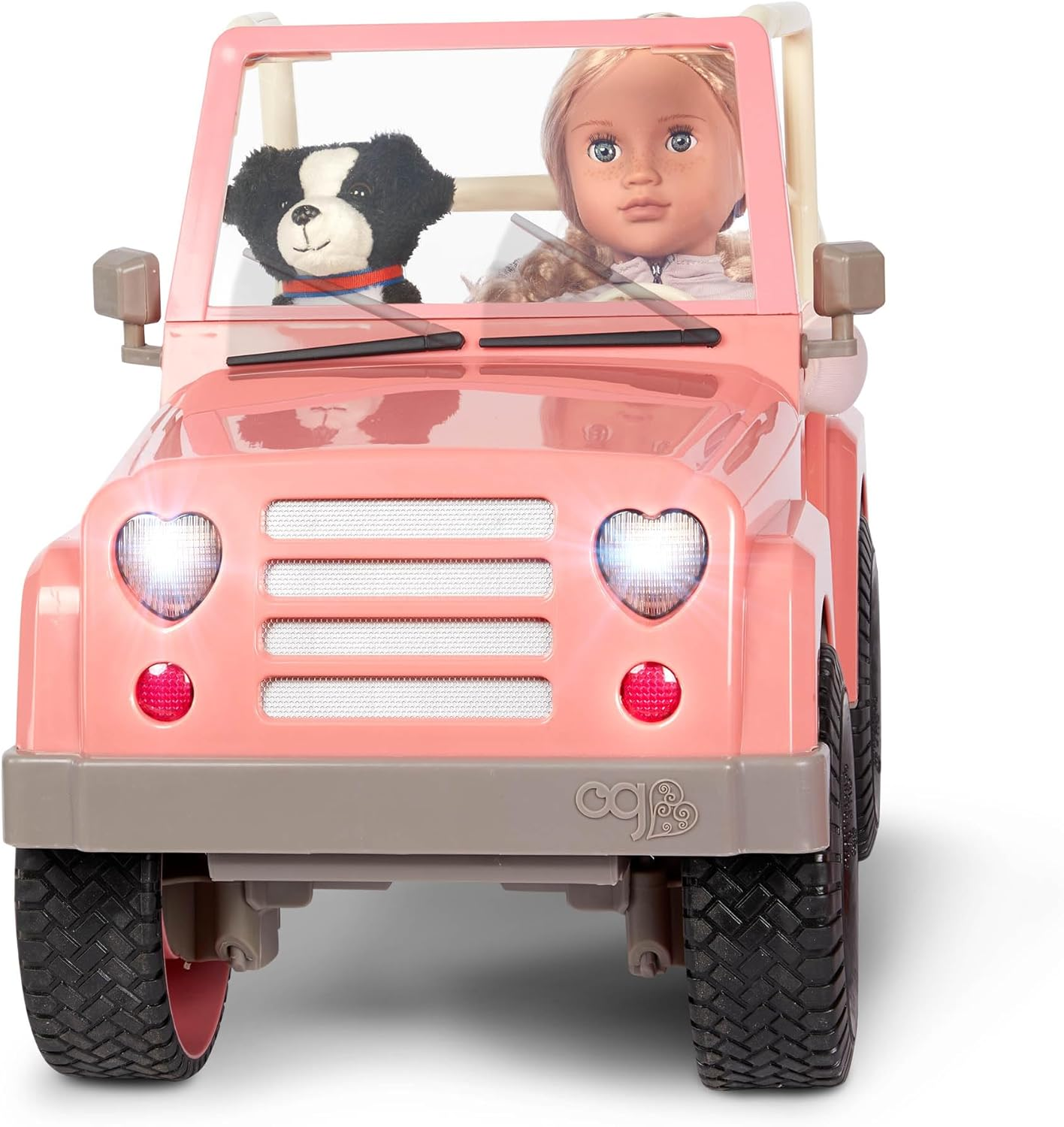 Our Generation OG Off Roader – Conjunto de veículos 4x4 para bonecas de 18 polegadas, veículo com tema de praia com prancha de surf, carro rosa salmão, luzes de trabalho, limpa-para-brisas, altifalantes, jogo realista