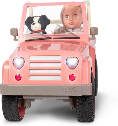 Our Generation OG Off Roader – Conjunto de veículos 4x4 para bonecas de 18 polegadas, veículo com tema de praia com prancha de surf, carro rosa salmão, luzes de trabalho, limpa-para-brisas, altifalantes, jogo realista