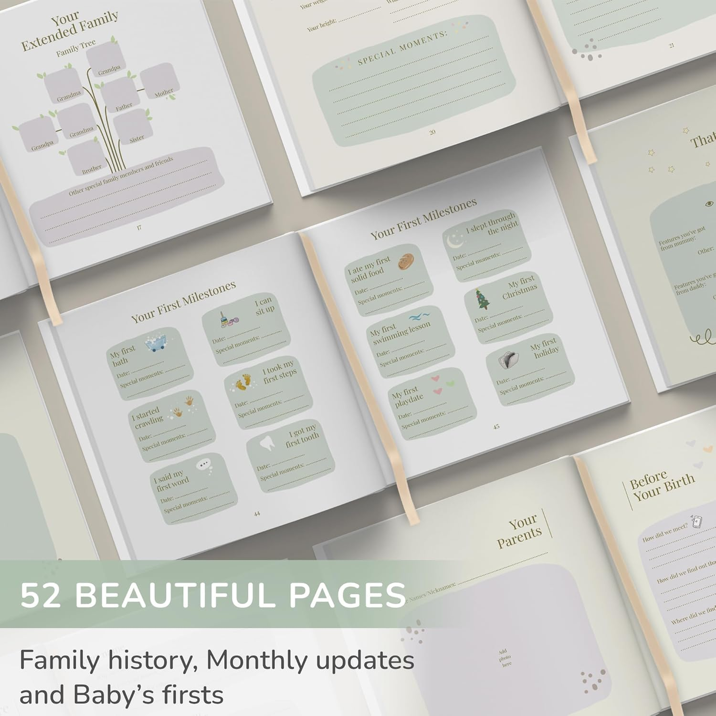 Livro de Memórias e Diário de Gravidez Tiny Trees® para Bebés – Presente de recordação para chás de bebé | Registar marcos, crescimento mensal e árvore genealógica - Diário para futuras mamãs, papás e pais