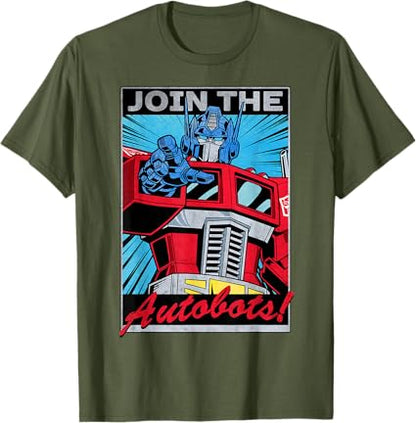 T-shirt com poster retro do Transformers Optimus Prime juntando-se aos Autobots