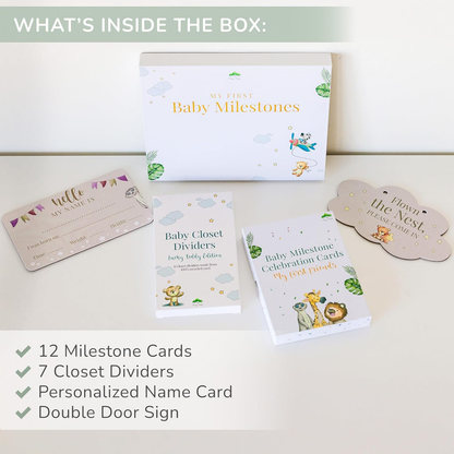 Conjunto de presentes para marcos de bebé Tiny Trees - Caixa de presentes e lembranças premium - Cartões de marcos, divisórias de armário, placa de boas-vindas e placa de sono - Presentes perfeitos para pais recém-nascidos