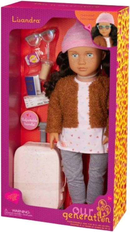 Our Generation Lisandra - Boneca de Viagem de 45 cm com Mala de Rodinhas, Características Realistas e Equipamento de Viagem - Roupa e Acessórios para Bonecas Compatíveis - Idades 3+