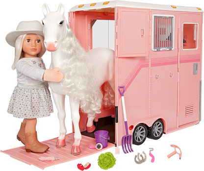 O nosso atrelado de atração Generation Mane – Conjunto de brinquedos com atrelado para cavalos de 45 cm – Conjunto de brinquedos com tema de cavalos de 21 peças