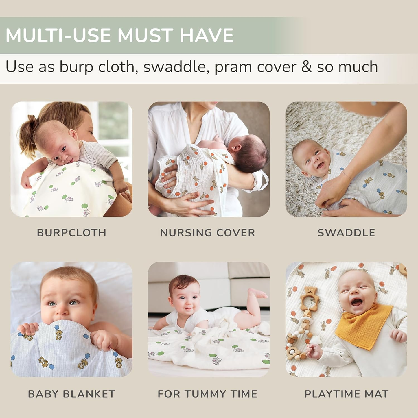 Paninhos de musselina para bebé Tiny Trees, pacote de 6 unidades, 70 cm x 70 cm – Paninhos de musselina de algodão extra macio para bebé – Quadrados de musselina absorventes, respiráveis e delicados para recém-nascidos, manta para enrolar