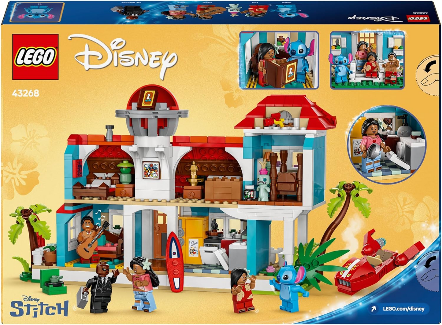 LEGO ǀ Disney Lilo and Stitch Beach House Building Kit, conjunto de construção detalhado para crianças e fãs, opções divertidas de brincadeira de faz de conta para meninas e meninos que adoram as personagens e naves espaciais 43268