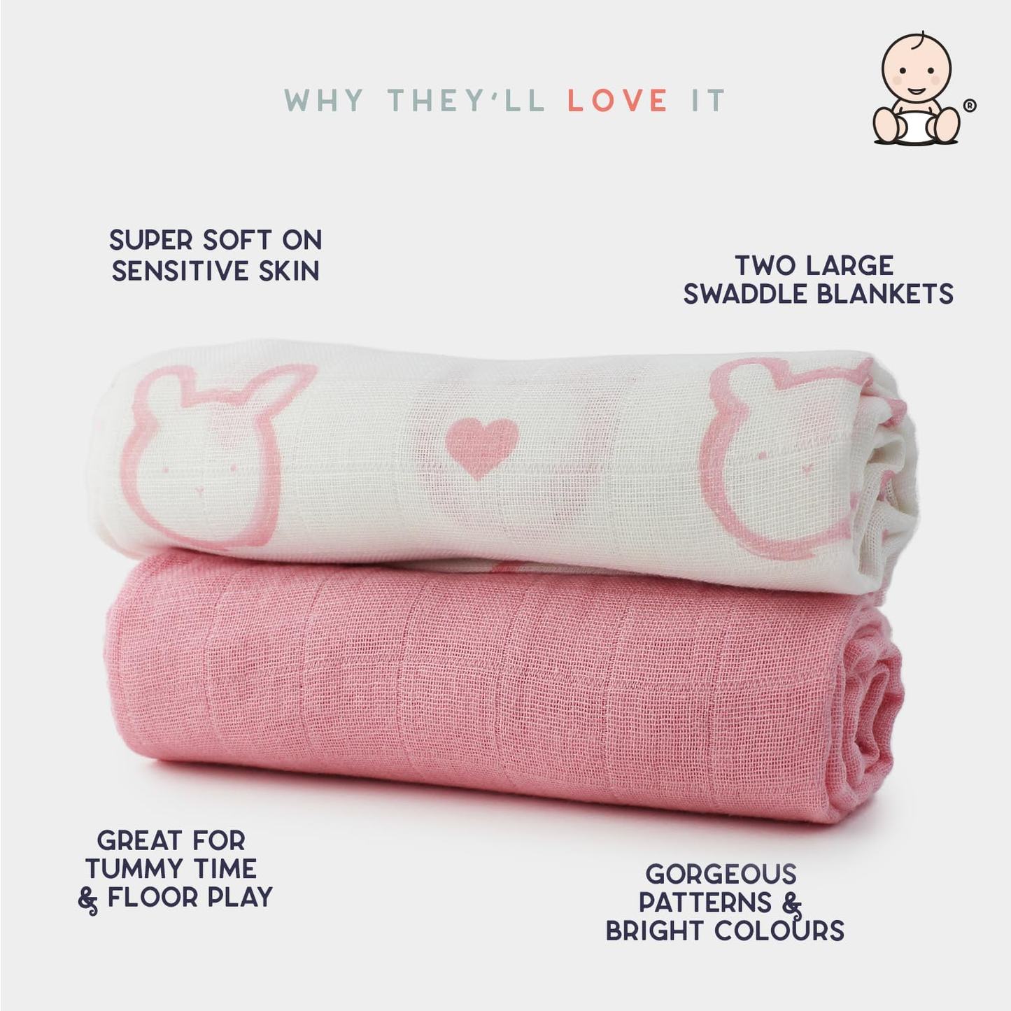 Little Giggles Co.® Conjunto de Brinquedos para Bebé – Inclui chocalho sensorial, anel de dentição calmante e panos grandes de musselina macia 100% algodão. Essenciais para recém-nascidos e ideia perfeita de presente para chá de bebé.