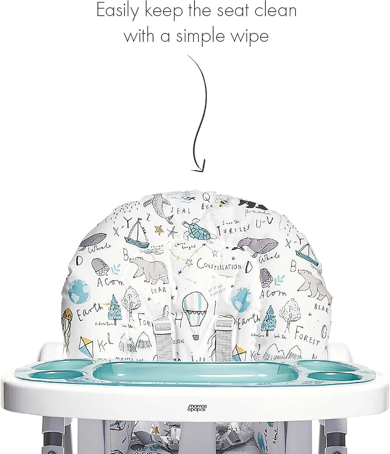 Cadeira de refeição ajustável Mamas & Papas Snax, reclinável, dobrável com tabuleiro amovível, Happy Planet