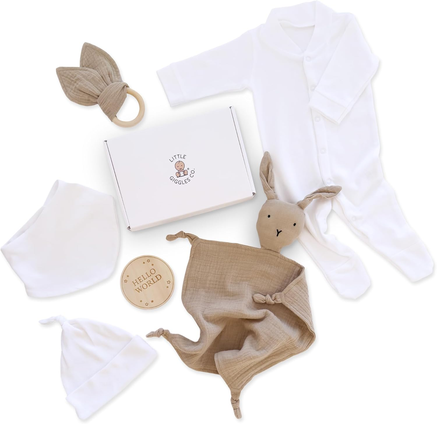 Presentes para recém-nascidos Little Giggles Co.® - Caixa de oferta com 6 peças, edredão de musselina de coelho e brinquedo sensorial, macacão de algodão, chapéu e babete, Olá, mundo, artigos essenciais para bebés recém-nascidos