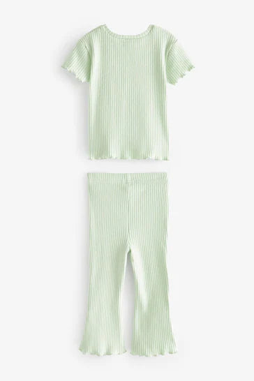 |BigGirl| Conjunto De Camiseta Canelada E Calça Flare - Mint Green (3 meses a 7 anos)