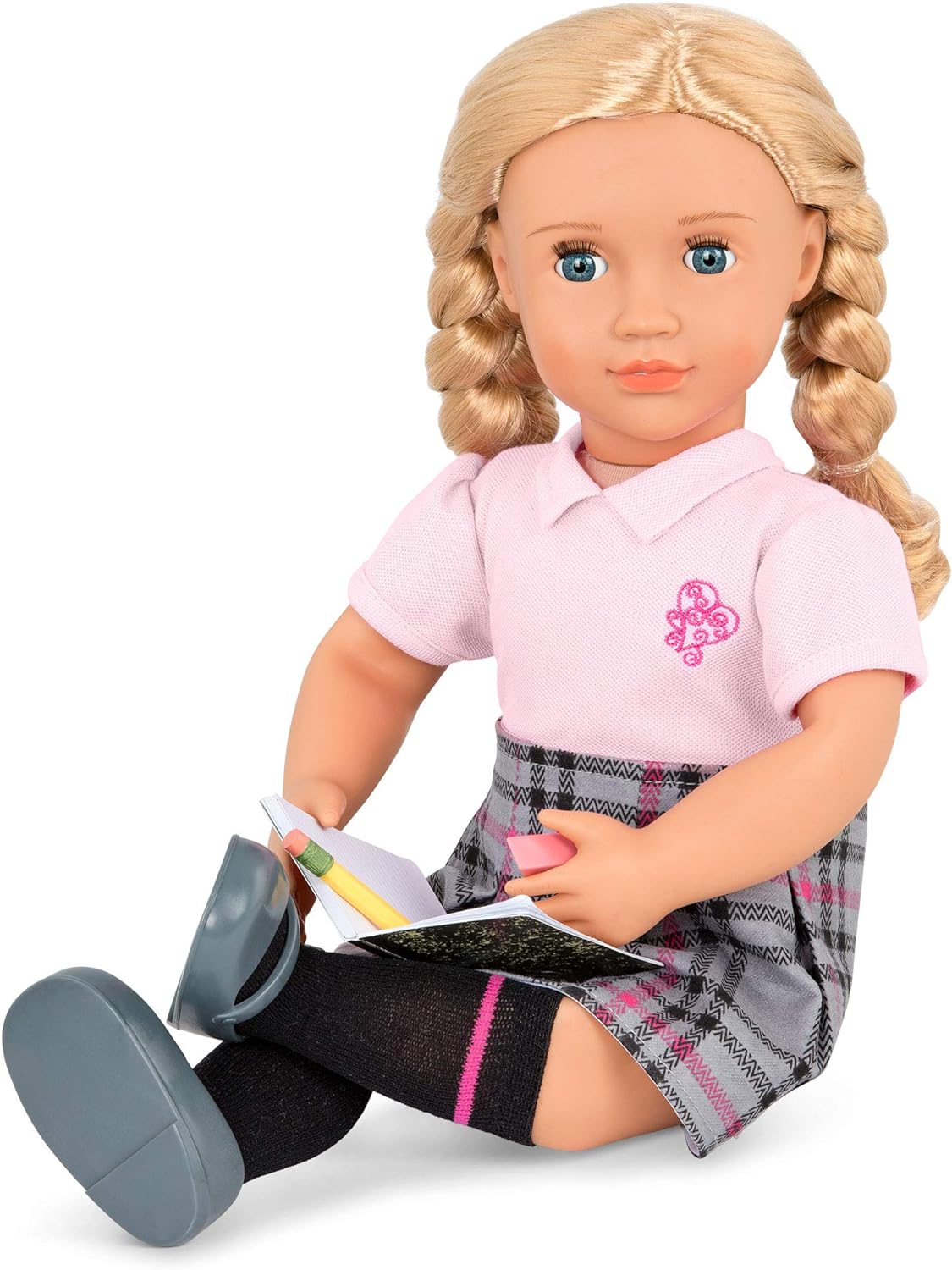 Muñeca suave Hally de 18 pulgadas de Our Generation con accesorios navideños: ojos únicos de color gris azulado y cabello rubio rizado