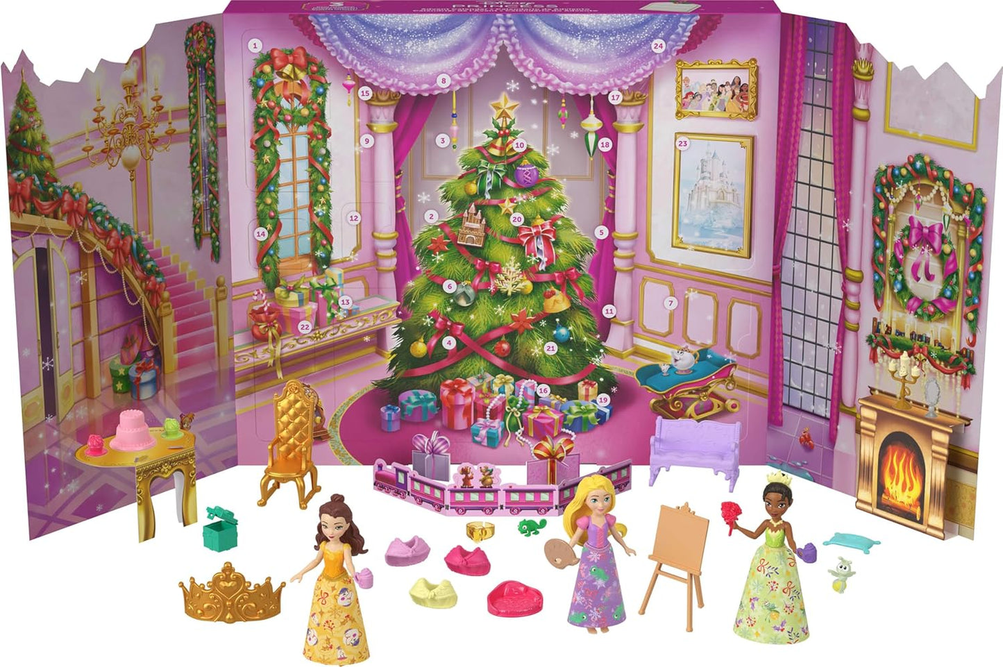 Mattel Calendário do Advento Disney Princess da com Bonecas Rapunzel, Tiana e Bela | 24 Dias de Surpresas: 3 Bonecas Pequenas com Visuais de Inverno, 3 Figuras de Personagens, 6 Looks e 16 Acessórios, JFG79