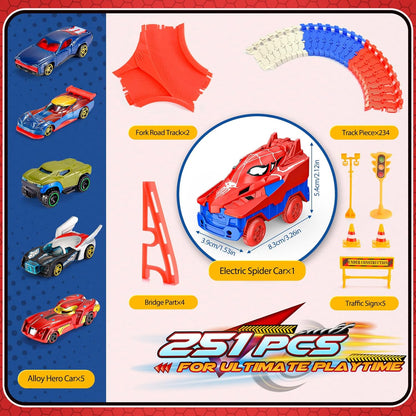 Pistas de Corrida de Construção em Aranha, Brinquedos de Aranha para Meninos de 3 a 6 Anos, Presente de Aniversário e Natal para Meninos de 3 a 9 Anos, Brinquedos de Construção para Meninas, Carrinhos de Brinquedo, 234 Peças
