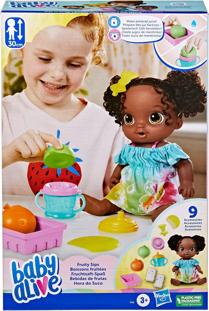 Baby Alive Boneca Fruity Sips, Lima, Conjunto de Boneca de Bebê Espremedor de Fingir, Bebidas e Molhos, Brinquedo para Crianças de 3 Anos ou Mais, Cabelo Preto