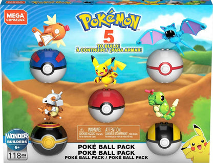 MEGA Brinquedos de Montar e Figuras de Ação Pokémon, Pacote Poké Bola com Pikachu, Magikarp, Cubone, Zubat e 5 Poké Bolas Diferentes, GHP85