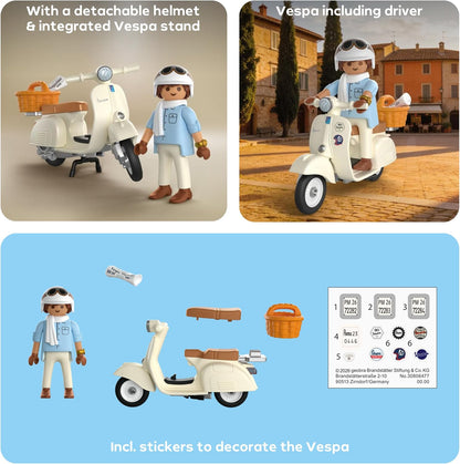 Playmobil | Veículos | 80 Anos de Vespa: Estilo Clássico | Vespa comemorativa na cor creme com condutor, cesta e cartela de adesivos | Para crianças a partir de 5 anos | 72283