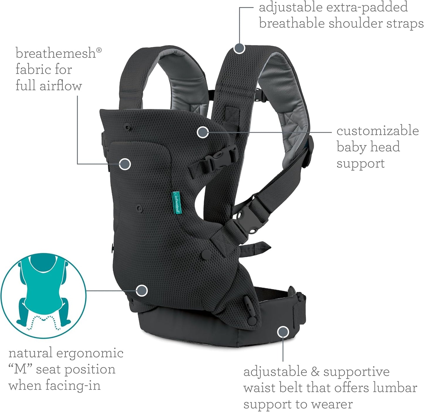 Canguru Infantino Flip 4 em 1 Leve e Arejado - Respirável, Suporte Lombar, Cinto de Cintura Ajustável, Apoio de Cabeça, Assento Ergonômico, Alças Macias para Recém-Nascidos e Crianças de 3,6 a 14,5 kg, Cinza Escuro