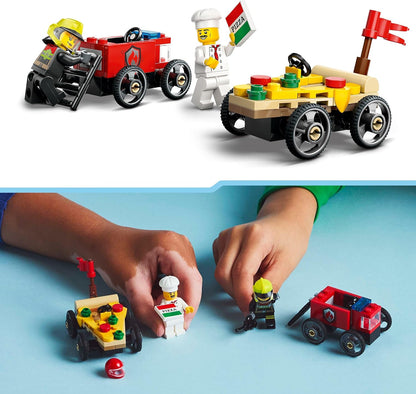 LEGO City Pizza vs. Fire Truck Race Car Pack Toy - Soapbox Car Toys para meninos e meninas de 5 anos ou mais - Presentes divertidos de feriado ou aniversário - Conjunto de veículos inclui 2 minifiguras